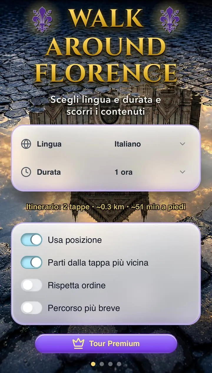 Schermata principale dell'app Walk Around Florence: scelta di lingua e durata del tour
